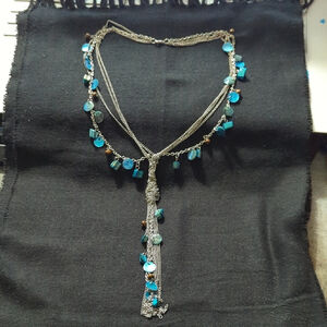Silver Tone Blue Shell Beads and Discs Layered Long Chain Fringe Necklace